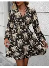 Kadın Uzun Kollu Kruvaze Yaka Beli Gipeli çiçek Desenli Kısa Dalgıç Elbise