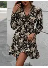 Kadın Uzun Kollu Kruvaze Yaka Beli Gipeli çiçek Desenli Kısa Dalgıç Elbise