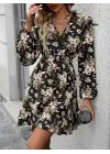 Kadın Uzun Kollu Kruvaze Yaka Beli Gipeli çiçek Desenli Kısa Dalgıç Elbise