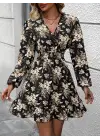 Kadın Uzun Kollu Kruvaze Yaka Beli Gipeli çiçek Desenli Kısa Dalgıç Elbise