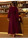 Kadın Uzun Kollu Kruvaze Yaka Beli Kemerli Yırtmaçlı Uzun Ithal Krep Elbise