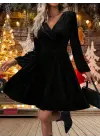 Kadın Uzun Kollu Kruvaze Yaka Beli Lastikli Kiloş Kadife Elbise