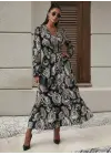 Kadın Uzun Kollu Kruvaze Yaka Beli Lastikli Uzun Desenli Maxi Elbise