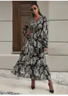 Kadın Uzun Kollu Kruvaze Yaka Beli Lastikli Uzun Desenli Maxi Elbise