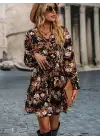 Kadın Uzun Kollu Kruvaze Yaka çiçek Desenli Dalgıç Elbise