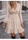 Kadın Uzun Kollu Kruvaze Yaka Desenli Mini Modal Elbise