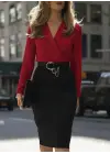 Kadın Uzun Kollu Kruvaze Yaka Janjan Krep Midi Elbise