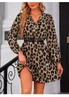 Kadın Uzun Kollu Kruvaze Yaka Kemerli Desenli Mini Leopar Elbise