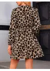 Kadın Uzun Kollu Kruvaze Yaka Kemerli Desenli Mini Leopar Elbise