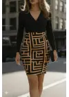 Kadın Uzun Kollu Kruvaze Yaka Labirent Desen Dalgıç Elbise