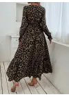 Kadın Uzun Kollu Kruvaze Yaka Leopar Desenli Uzun Süprem Elbise