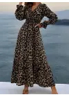 Kadın Uzun Kollu Kruvaze Yaka Leopar Desenli Uzun Süprem Elbise