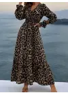 Kadın Uzun Kollu Kruvaze Yaka Leopar Desenli Uzun Süprem Elbise