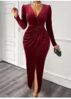 Kadın Uzun Kollu Kruvaze Yaka önünden çapraz Detaylı Uzun Kadife Elbise