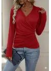Kadın Uzun Kollu Kruvaze Yaka Yanlardan Büzgülü Viskon Bluz