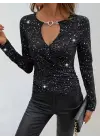 Kadın Uzun Kollu Kruvaze Yakalı Aksesuarlı Dalgıç Bluz