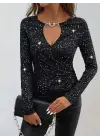 Kadın Uzun Kollu Kruvaze Yakalı Aksesuarlı Dalgıç Bluz
