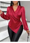 Kadın Uzun Kollu Kruvaze Yakalı Asimetrik Saten Bluz