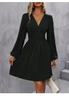 Kadın Uzun Kollu Kruvaze Yakalı Bel Korsajlı Mini Elbise