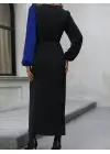 Kadın Uzun Kollu Kruvaze Yakalı Belden çapraz Detaylı çift Renkli Midi Ithal Krep Elbise