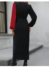 Kadın Uzun Kollu Kruvaze Yakalı Belden çapraz Detaylı çift Renkli Midi Ithal Krep Elbise