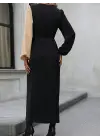 Kadın Uzun Kollu Kruvaze Yakalı Belden çapraz Detaylı çift Renkli Midi Ithal Krep Elbise
