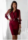 Kadın Uzun Kollu Kruvaze Yakalı Belden Kemerli Mini Ithal Krep Elbise