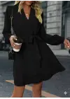 Kadın Uzun Kollu Kruvaze Yakalı Belden Kuşaklı Mini çift Katlı Ithal Krep Elbise