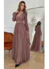 Kadın Uzun Kollu Kruvaze Yakalı Belden Kuşaklı Tüllü Uzun Ithal Krep Elbise