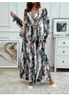 Kadın Uzun Kollu Kruvaze Yakalı Beli Kuşaklı Desenli Süprem Maxi Elbise