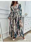 Kadın Uzun Kollu Kruvaze Yakalı Beli Kuşaklı Desenli Süprem Maxi Elbise