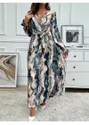 Kadın Uzun Kollu Kruvaze Yakalı Beli Kuşaklı Desenli Süprem Maxi Elbise