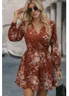 Kadın Uzun Kollu Kruvaze Yakalı çiçek Desenli Mini Süprem Elbise