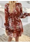 Kadın Uzun Kollu Kruvaze Yakalı çiçek Desenli Mini Süprem Elbise