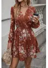 Kadın Uzun Kollu Kruvaze Yakalı çiçek Desenli Mini Süprem Elbise