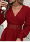 Kadın Uzun Kollu Kruvaze Yakalı Dantelli Fermuar Detaylı Mini Ithal Krep Elbise