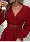 Kadın Uzun Kollu Kruvaze Yakalı Dantelli Fermuar Detaylı Mini Ithal Krep Elbise