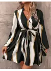 Kadın Uzun Kollu Kruvaze Yakalı Desenli Modal Mini Elbise