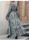 Kadın Uzun Kollu Kruvaze Yakalı Desenli Süprem Maxi Elbise