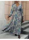 Kadın Uzun Kollu Kruvaze Yakalı Desenli Süprem Maxi Elbise