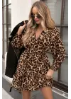 Kadın Uzun Kollu Kruvaze Yakalı Fırfırlı Belden Kuşaklı Leopar Desen Modal Elbise