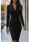 Kadın Uzun Kollu Kruvaze Yakalı Mini Ithal Krep Elbise