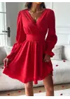 Kadın Uzun Kollu Kruvaze Yakalı Mini Sandy Elbise