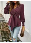 Kadın Uzun Kollu Kruvaze Yakalı önden Bağlamalı Ithal Krep Bluz