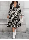 Kadın Uzun Kollu Kruvaze Yakalı Yandan Bağlamalı Desenli Mini Modal Elbise