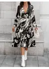 Kadın Uzun Kollu Kruvaze Yakalı Yandan Bağlamalı Desenli Mini Modal Elbise