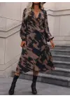 Kadın Uzun Kollu Kruvaze Yakalı Yandan Bağlamalı Desenli Mini Modal Elbise