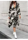 Kadın Uzun Kollu Kruvaze Yakalı Yandan Bağlamalı Desenli Mini Modal Elbise