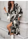 Kadın Uzun Kollu Kruvaze Yakalı Yandan Bağlamalı Desenli Mini Modal Elbise
