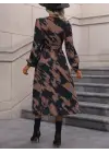 Kadın Uzun Kollu Kruvaze Yakalı Yandan Bağlamalı Desenli Mini Modal Elbise